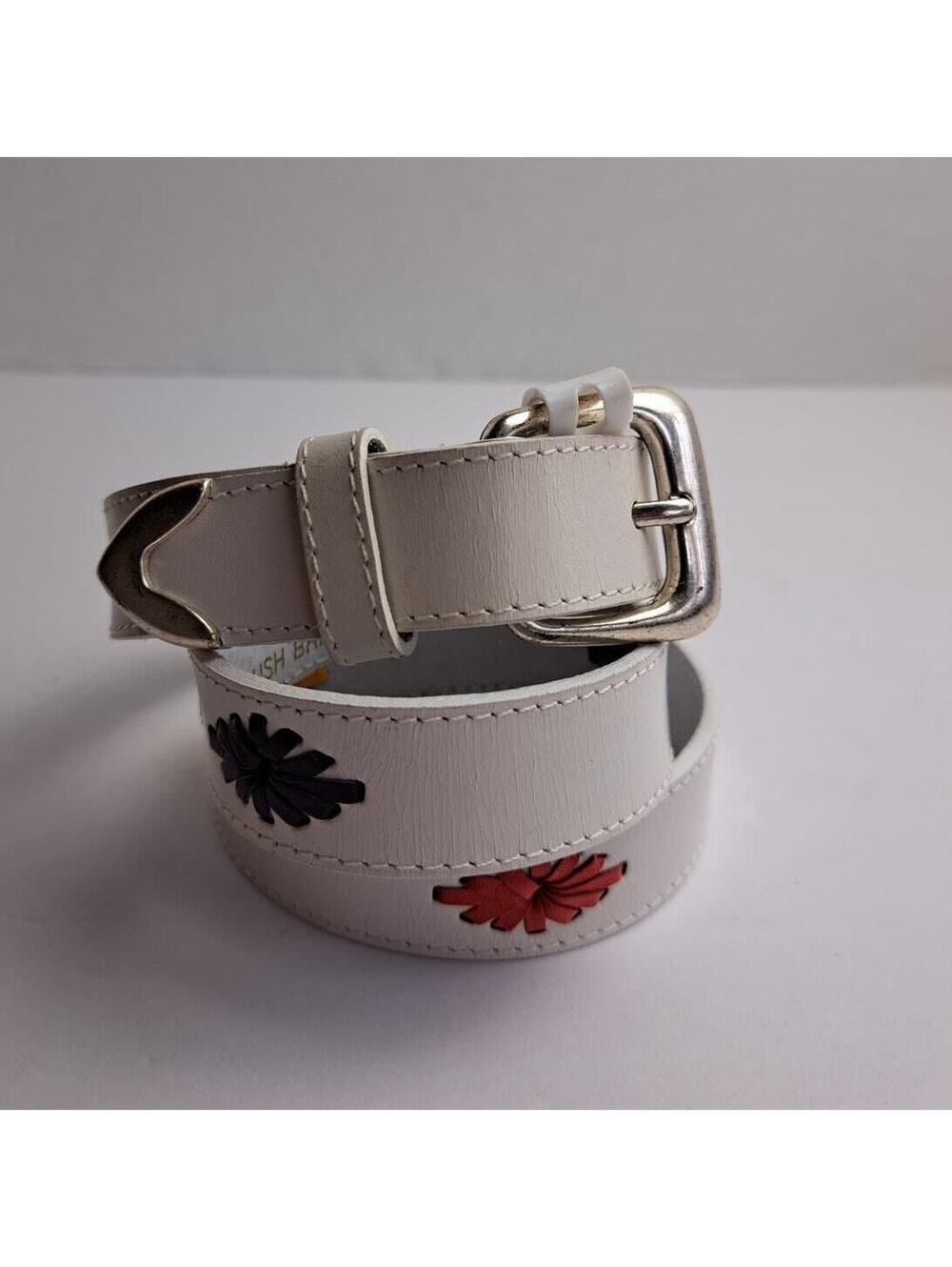 White Ladies Belt English Bridal Leather Silver Med Multi Color Foral Design